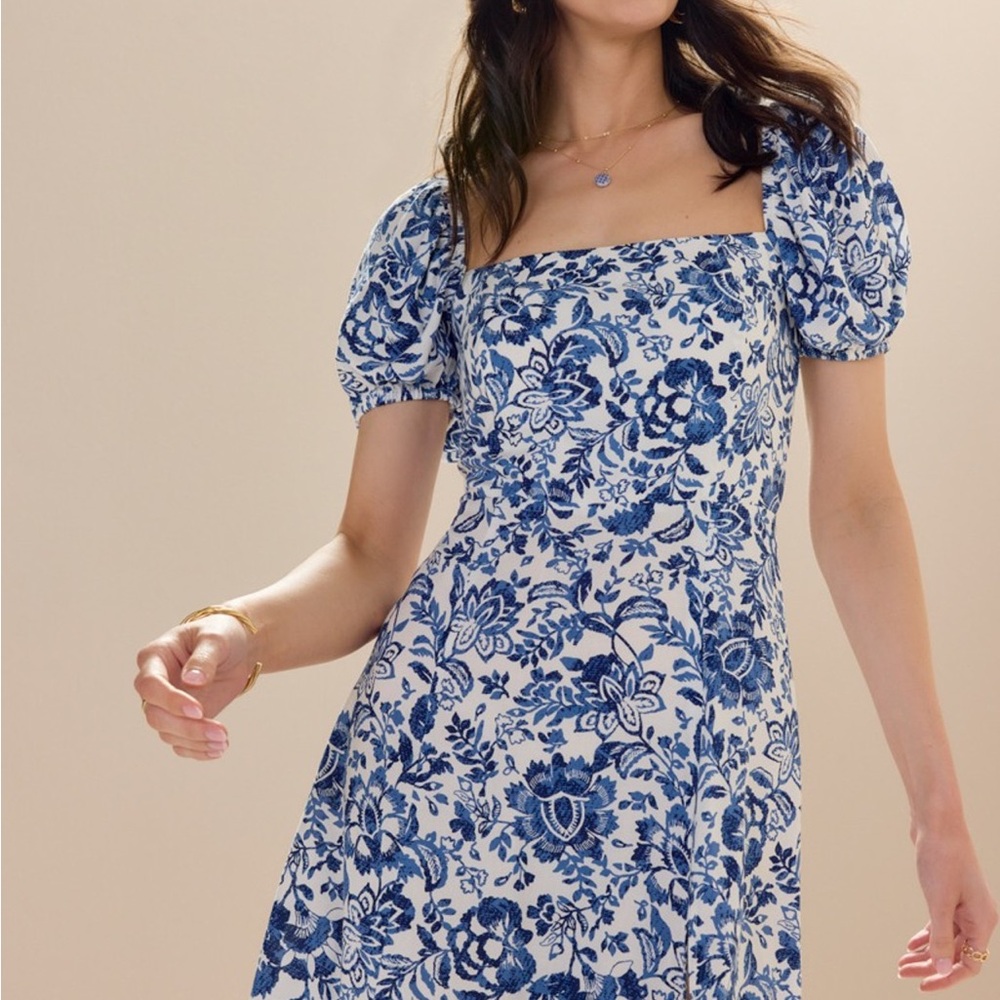 Tabitha Puff Sleeve Blue Floral Midi Dress